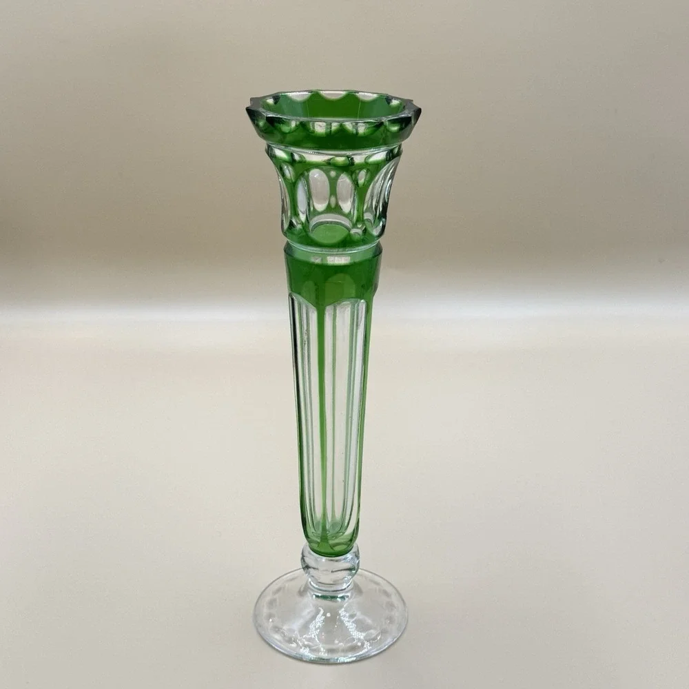 Vintage Czech Bohemian Green Cut to Clear Crystal Candlestick 9.5